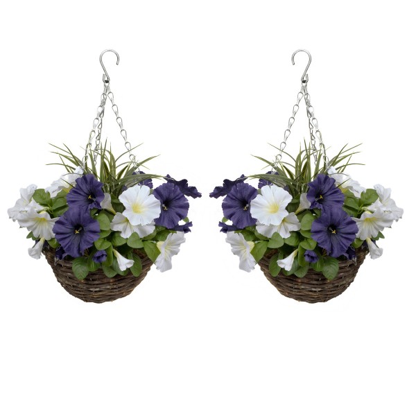 Artificial Dark Purple & White Round Rattan Petunia Hanging Baskets (Set of 2) - GB1183