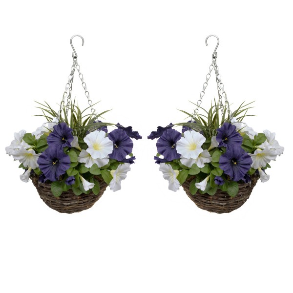 Artificial Dark Purple & White Round Rattan Petunia Hanging Baskets (Set of 2)