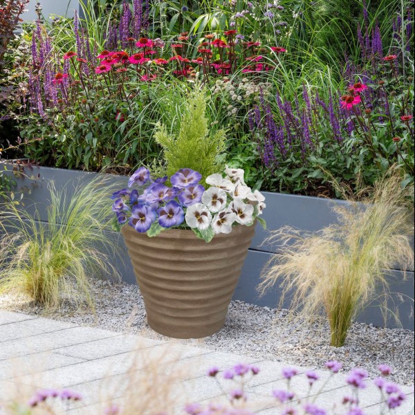 Artificial Purple & White Pansy Black Patio Planter 60cm/24in - GB1078