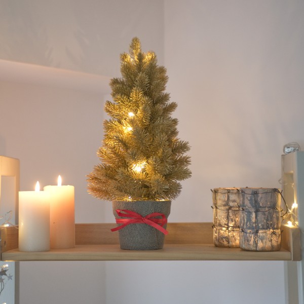 Artificial Mini Gold Christmas Tree with LED Lights in Pot 50cm/20in