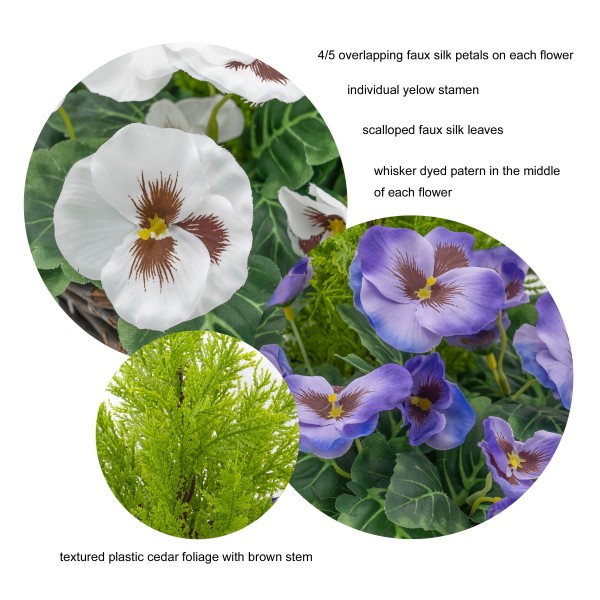 Artificial Purple & White Pansy Rattan Patio Planter 60cm/24in (Set of 2) - GB1016