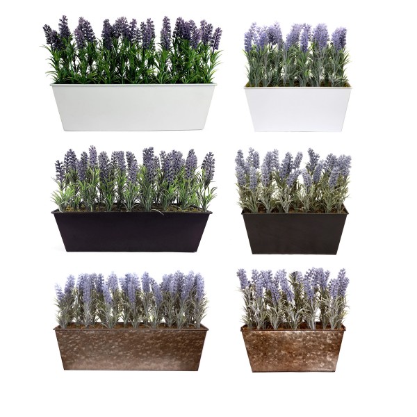 Artificial Lavender Tin Black Planter Window Box 45cm/18in - GB1073