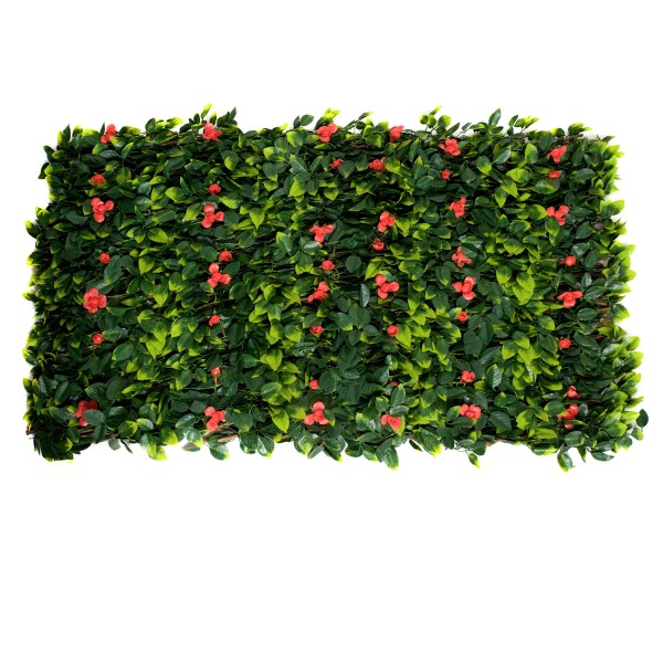 Artificial Expanding Green Wall Willow Trellis Fence with Green Foliage and Red Flowers (1m x 2m) - GB1262