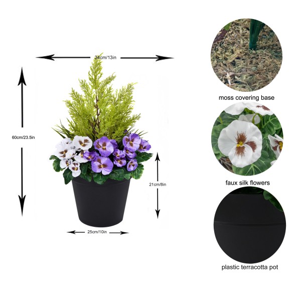 Artificial Purple & White Pansy Black Patio Planter 60cm/24in - GB1078