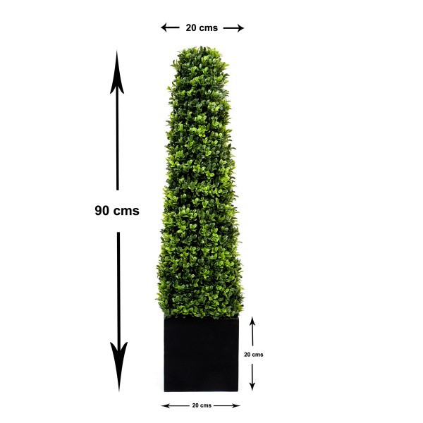 Artificial Premium Quality Boxwood Topiary Pyramid Trees in Black Square Planter 90cm/3ft (Set of 2) - GB1030