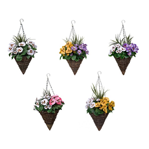 Artificial Purple & White Pansy Cone Shaped Rattan Hanging Basket (Set of 2) 