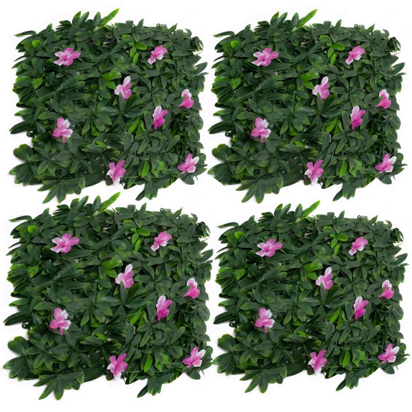 Artificial Green Wall Hedge with Green Leaf Foliage and Purple Flowers Pack of 4 x 50cm/20in - GB1266