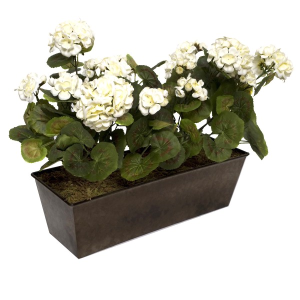 Artificial White Geraniums in Rustic Tin Window Box 45cm/18in