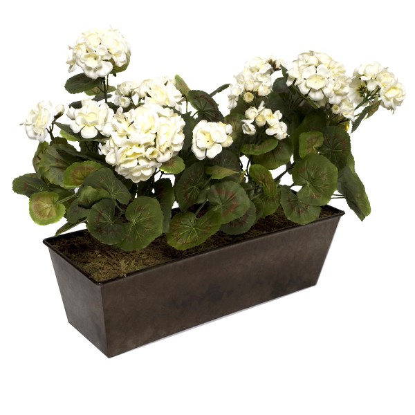  Artificial White Geraniums in Rustic Tin Window Box 45cm/18in