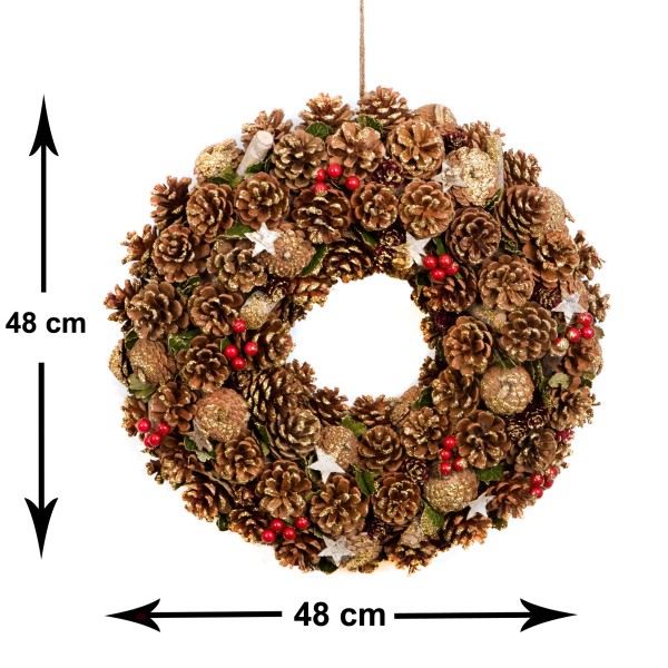 GreenBrokers Christmas Wreath 48cm Gold Pine Cones Red Berries Festive Decor D1238