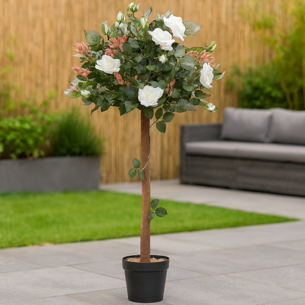 Artificial White Rose Tree 30 Flowers 120cm/4ft - GB1406