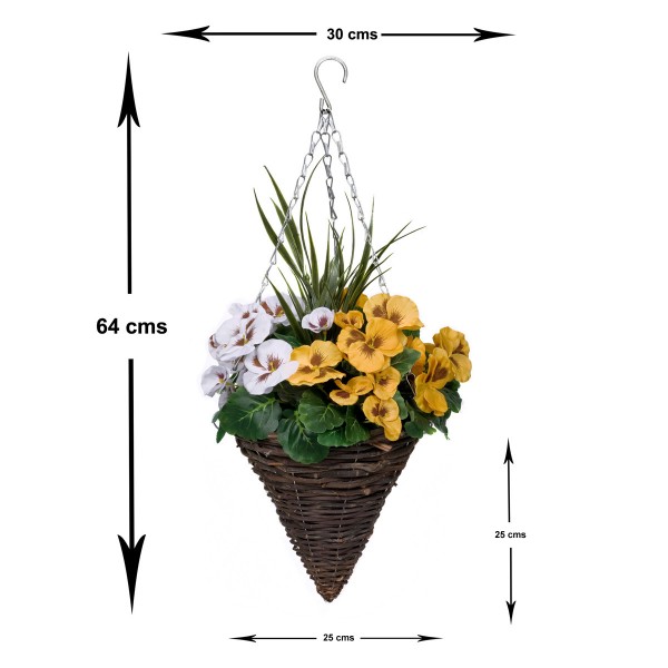 Artificial Yellow & White Pansy Cone Shaped Rattan Hanging Basket (Set