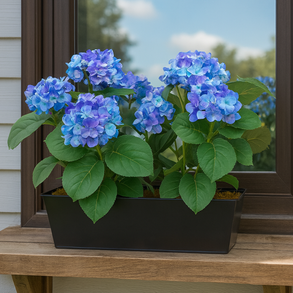 Artificial Blue Hydrangea in Black Metal Window Box - GB1385