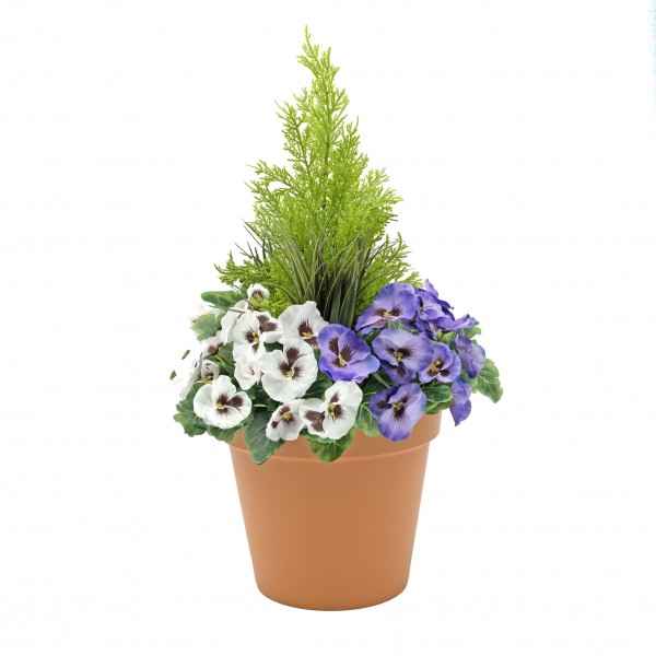 Artificial Purple & White Pansy Terracotta Patio Planter 60cm/24in - GB1076