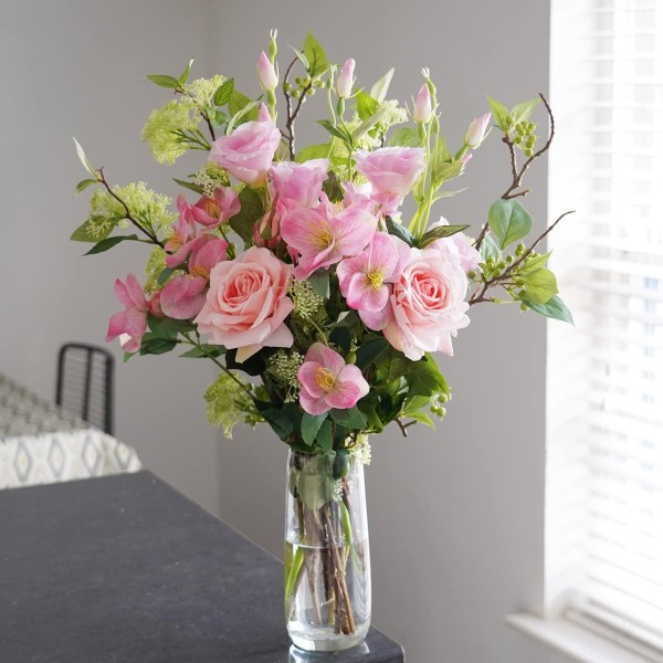 Artificial Pink Flower Bouquet with Roses, Hellebores Elderflower, Berries & Greenery - A1210