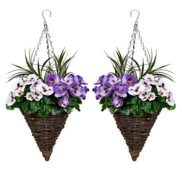 Artificial Purple & White Pansy Cone Shaped Rattan Hanging Basket (Set