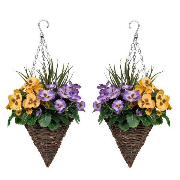 Artificial Purple & Yellow Pansy Cone Shaped Rattan Hanging Basket (Set of 2)