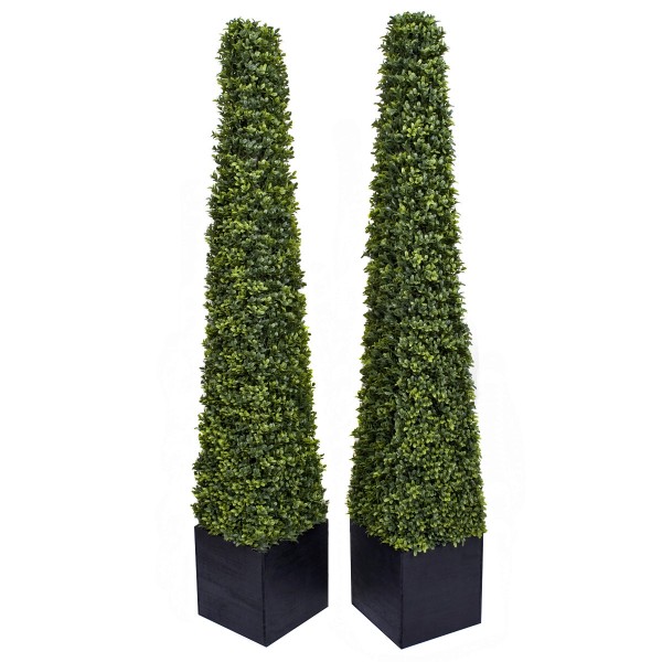 Artificial Premium Quality Boxwood Topiary Metal Framed Pyramid Trees in Black Square Planter 150cm/5ft (Set of 2) - GB1239