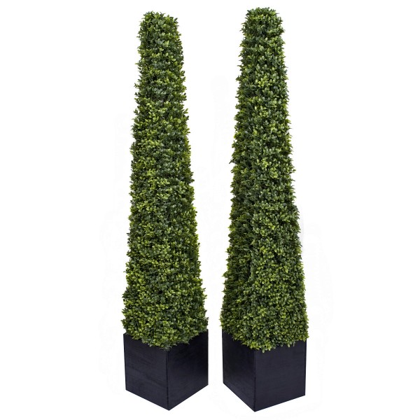 Artificial Premium Quality Boxwood Topiary Metal Framed Pyramid Trees in Black Square Planter 150cm/5ft (Set of 2)