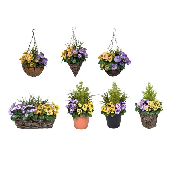 Artificial Purple & Yellow Pansy Round Coir Hanging Basket (Set of 2) 