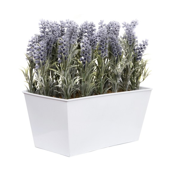 Artificial Lavender Tin White Planter Window Box 30cm/12in - GB1027