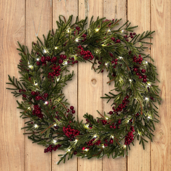 GreenBrokers Pre-Lit Christmas Wreath with Pine Foliage & Red Berries D1336