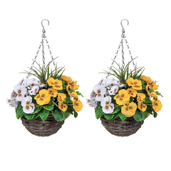 Artificial Yellow & White Pansy Round Rattan Hanging Basket (Set of 2)