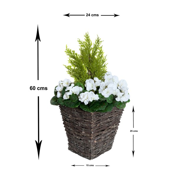 Artificial White Geranium Rattan Patio Planters (Set of 2) 60cm/24in - GB1259