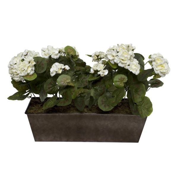  Artificial White Geraniums in Rustic Tin Window Box 45cm/18in