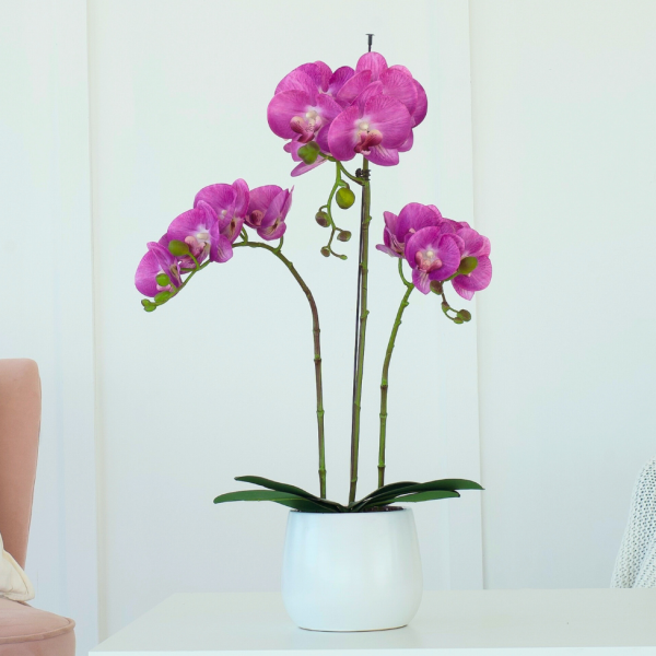 Elegant Large Triple Stem Pink Real Touch Artificial Potted Orchid (65cm) in Round White Ceramic Pot A1317