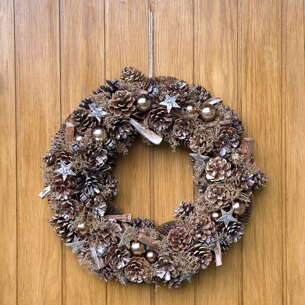 Christmas Hanging Wreath Festive Rose Gold Display with Pine Cones 48cm