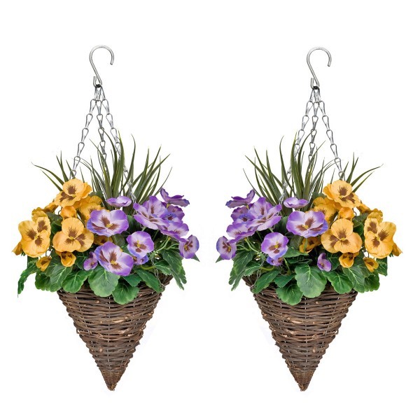 Artificial Purple & Yellow Pansy Cone Shaped Rattan Hanging Basket (Set of 2) - GB1009