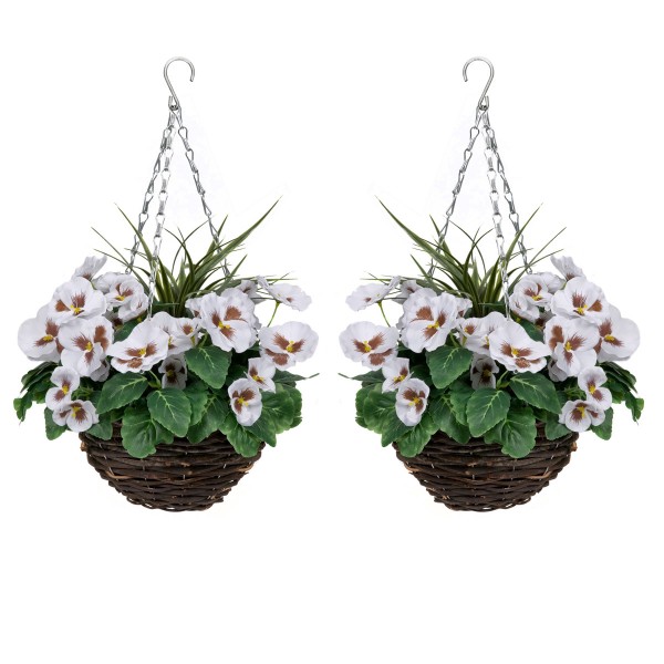 Artificial White Pansy Round Rattan Hanging Basket (Set of 2)