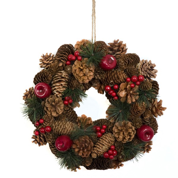 GreenBrokers Christmas Hanging Wreath 32cm Festive Pine Cones & Red Berries D1224