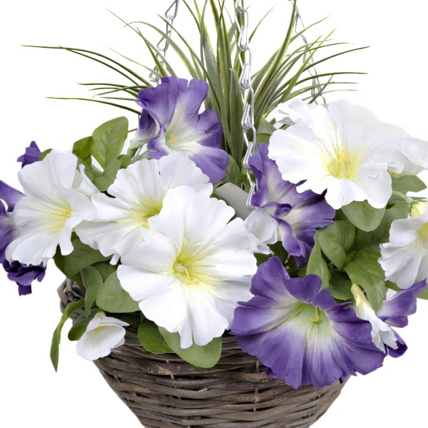 Artificial Purple & White Round Rattan Petunia Hanging Baskets (Set of 2) - A1185