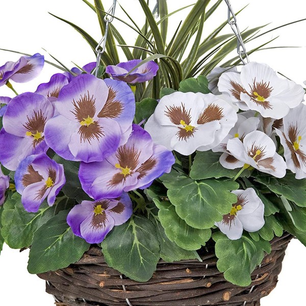 Artificial Purple & White Pansy Round Rattan Hanging Baskets (Set of 2) GB1013