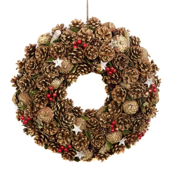 GreenBrokers Christmas Wreath 48cm Gold Pine Cones Red Berries Festive Decor D1238