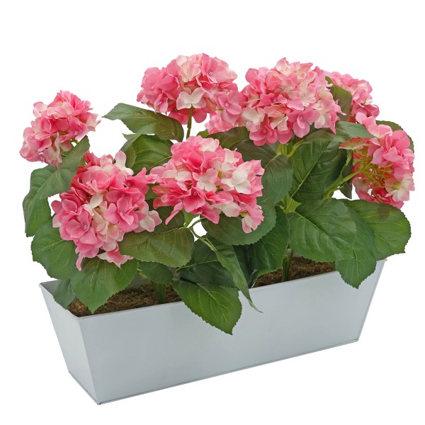 Artificial Pink Hydrangea in White Metal Window Box