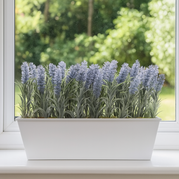 Artificial Lavender Tin White Planter Window Box 45cm/18in - GB1019
