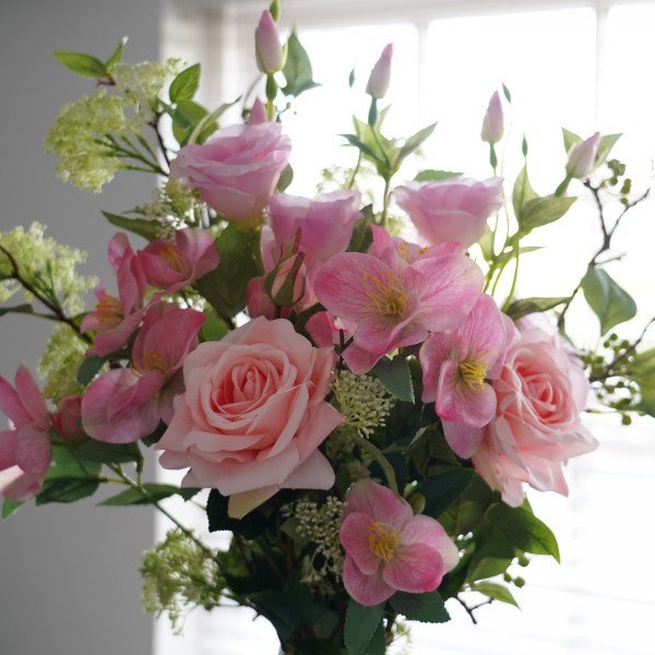Artificial Pink Flower Bouquet with Roses, Hellebores Elderflower, Berries & Greenery - A1210
