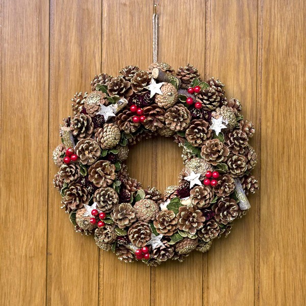 Christmas Hanging Wreath Festive Pine Cone Display Gold Frosting 38cm 