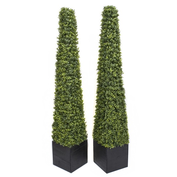 Artificial Boxwood Topiary Pyramid Trees in Black Square Planter 150cm/5ft (Set of 2)