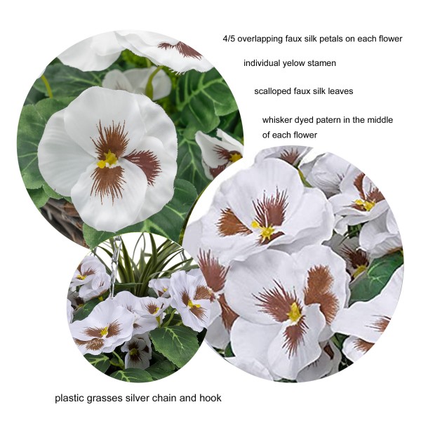 Artificial White Pansy Round Rattan Hanging Basket (Set of 2) - GB1005