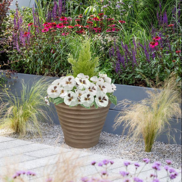 Artificial White Pansy Conifer Rattan Patio Planter  60cm/24in (Set of 2) - GB1014