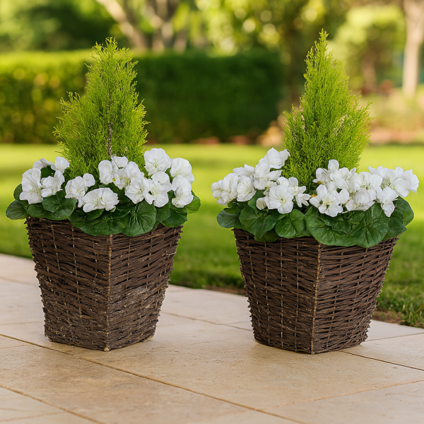 Artificial White Geranium Rattan Patio Planters (Set of 2) 60cm/24in - GB1259
