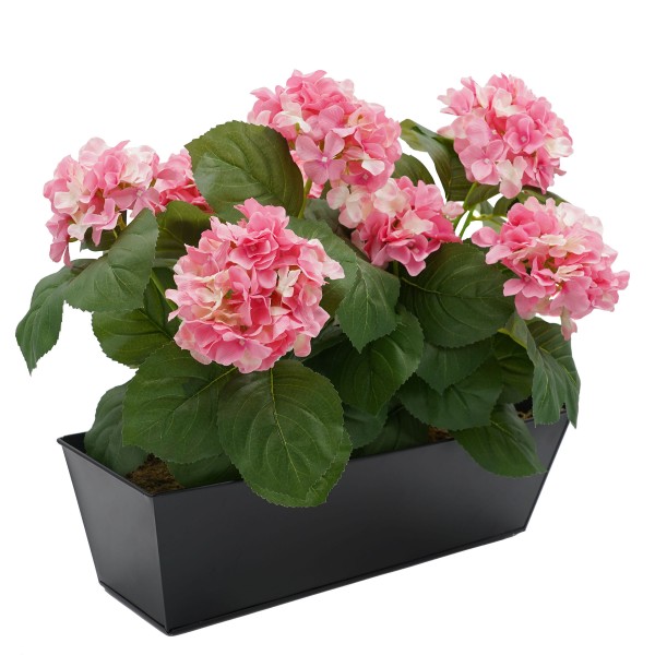 Artificial Pink Hydrangea in Black Window Box