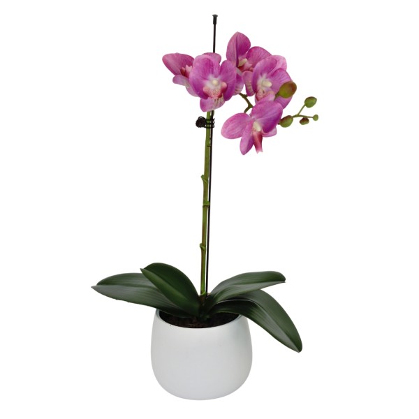 Elegant Single Stem Pink Real Touch Artificial Potted Orchid (46cm) in Round White Ceramic Pot G1072