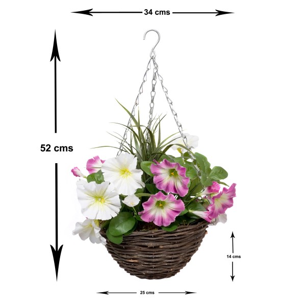 Artificial Pink & White Round Rattan Petunia Hanging Baskets  (Set of 2) - A1184