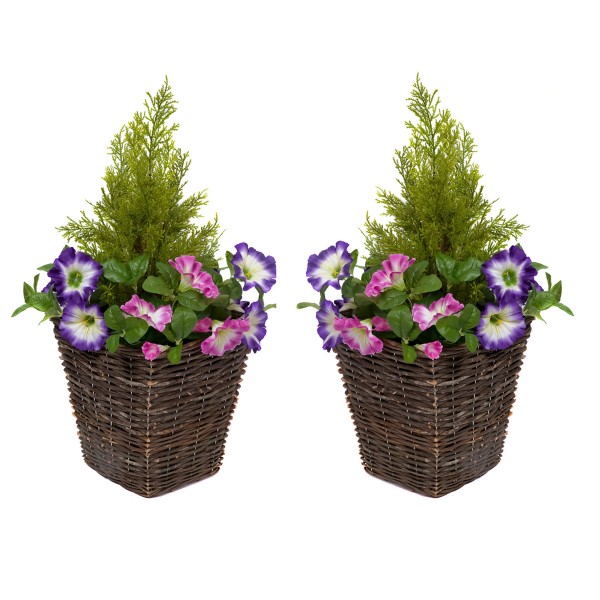 Artificial Purple & White Petunia Rattan Patio Planters 60cm/24in (Set