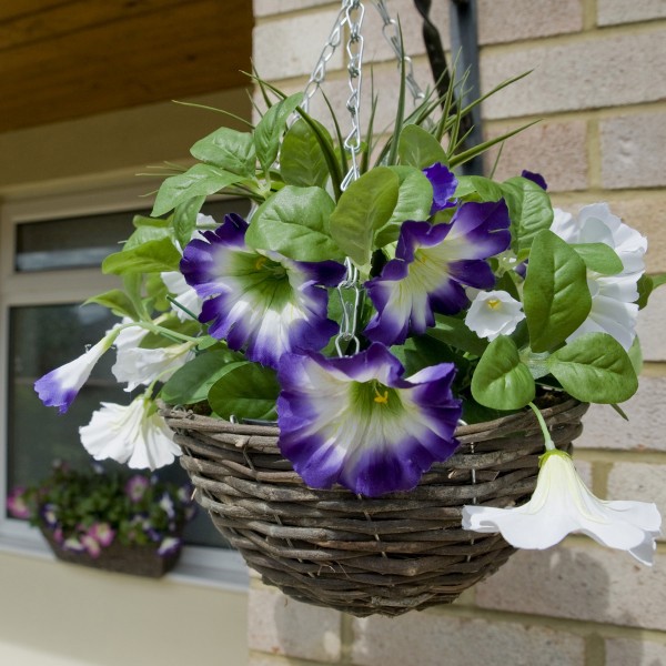Artificial Purple & White Round Rattan Petunia Hanging Baskets (Set of 2) - A1185